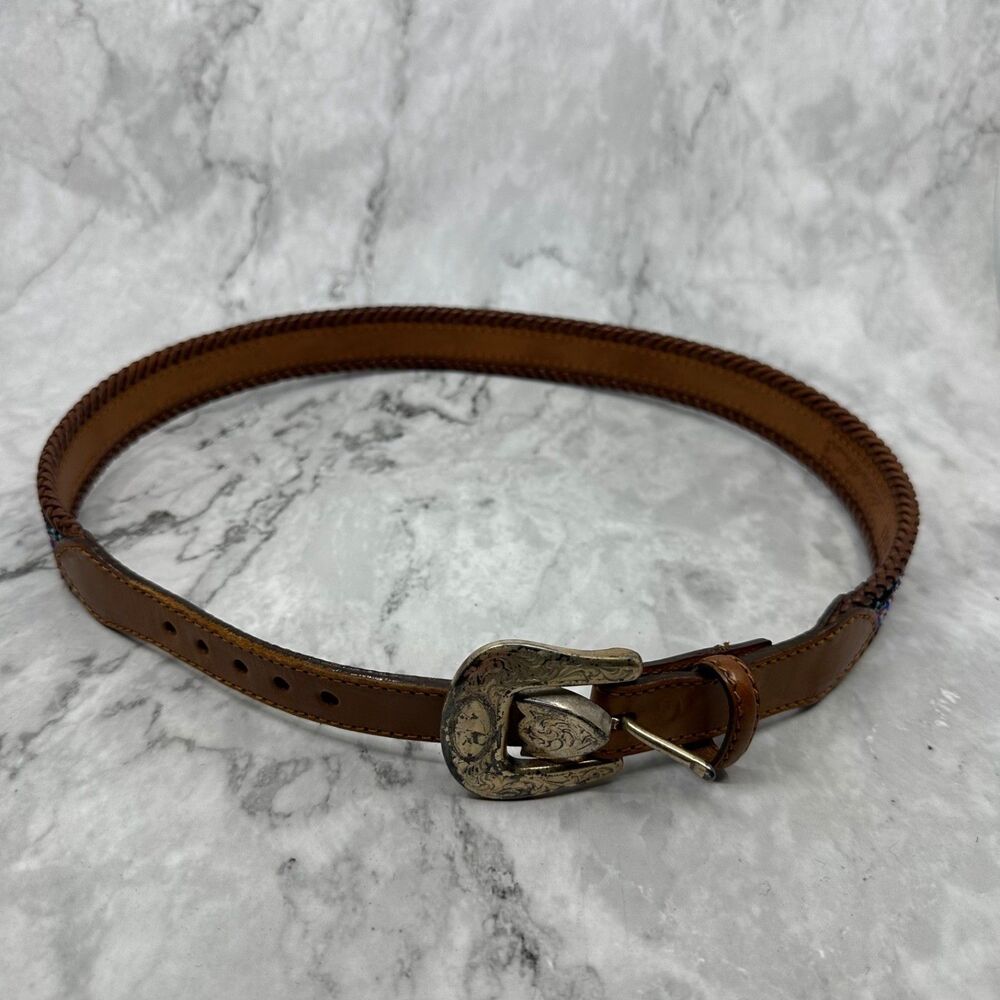 Vtg EDDIE BAUER Beaded Leather Belt Unisex 34 Western Buckle Boho Festival Brown
